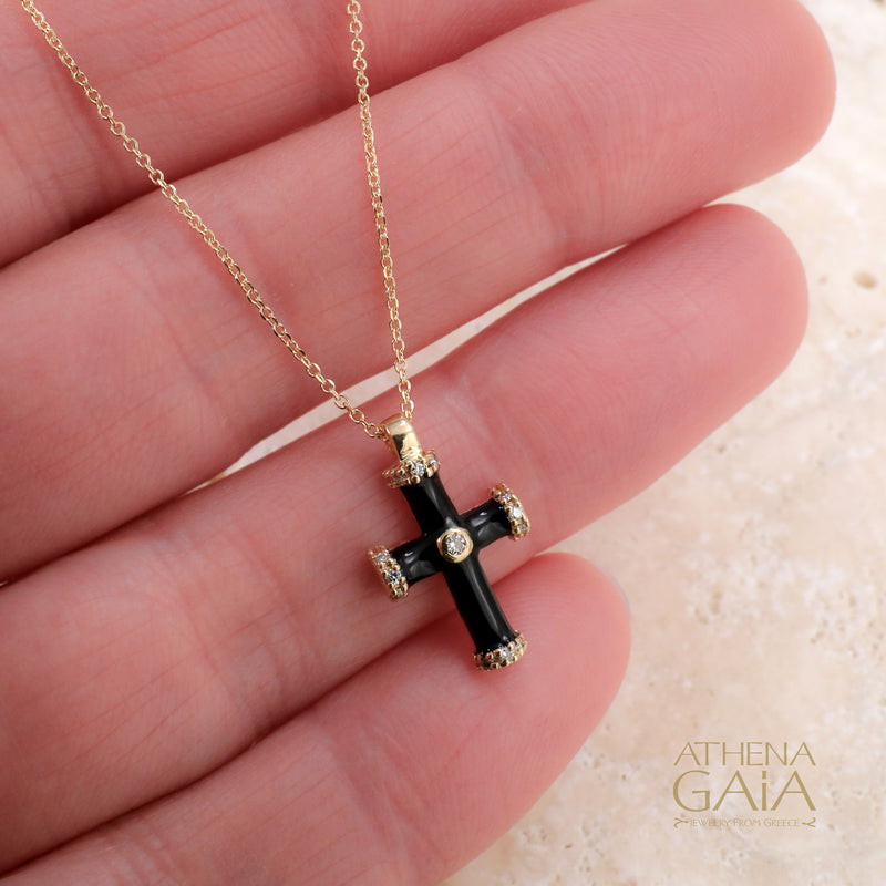 Enamel Gemstone Station Cross Necklace - 14k Gold - Latin Cross