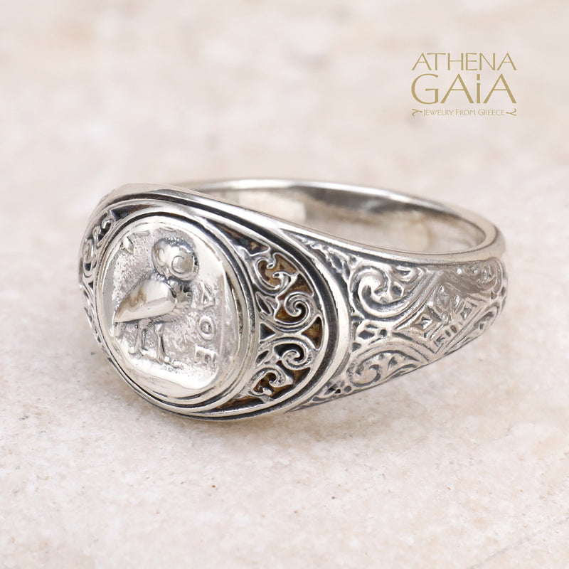 Ancient Athenian Owl Symbol Ring - Sterling Silver Ring - Signet Ring