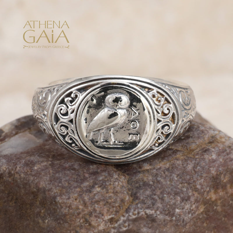 Ancient Athenian Owl Symbol Ring - Sterling Silver Ring - Signet Ring