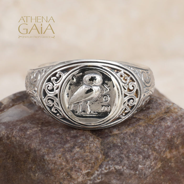 Ancient Greek Owl Symbol Ring - Sterling Silver Ring - Signet Ring
