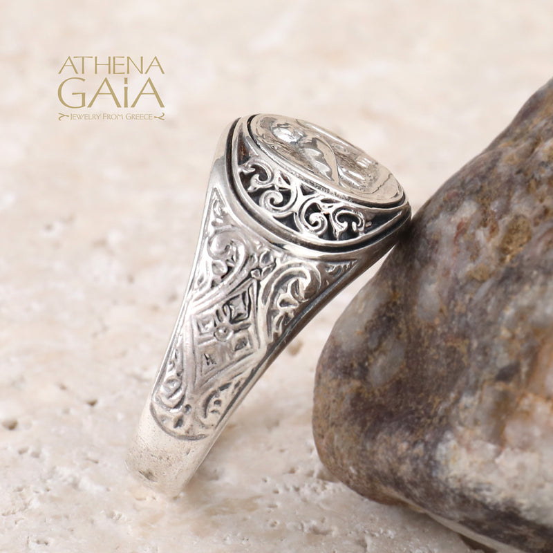 Ancient Athenian Owl Symbol Ring - Sterling Silver Ring - Signet Ring