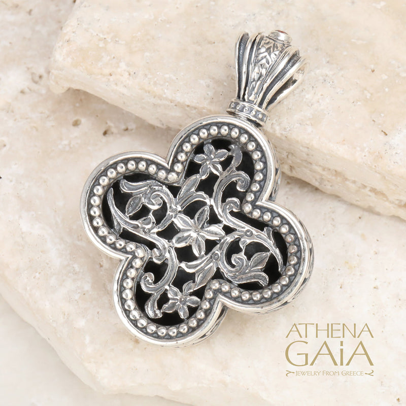 Floral Rounded Greek Cross - Sterling Silver - Orthodox Cross Necklace