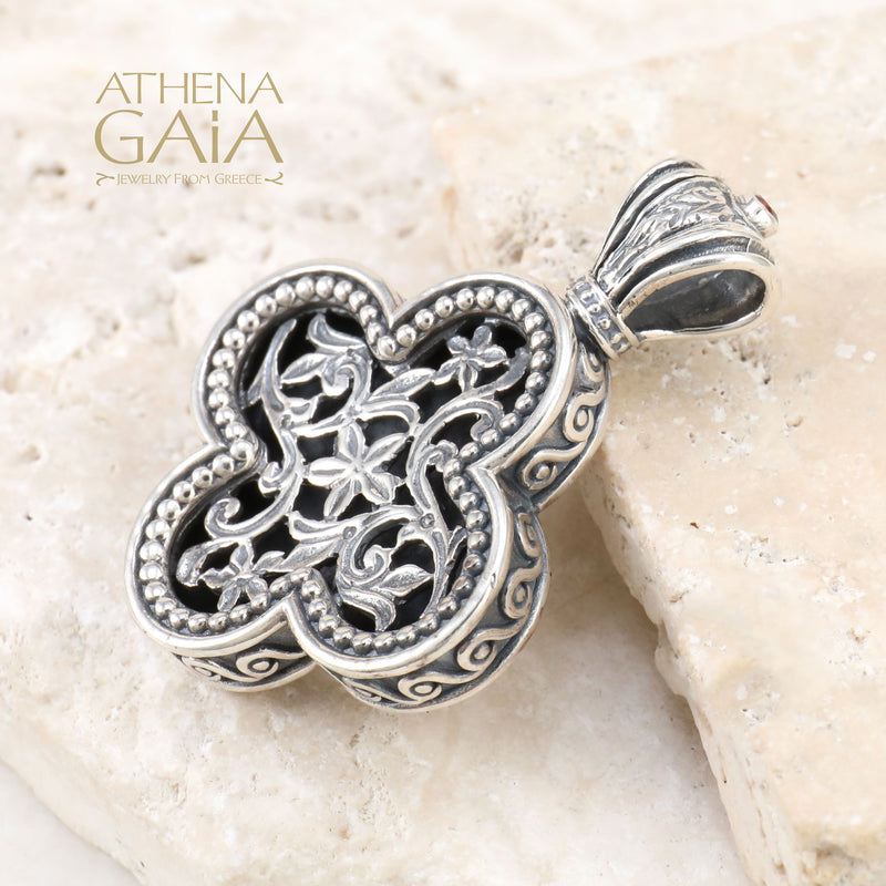 Floral Rounded Greek Cross - Sterling Silver - Orthodox Cross Necklace