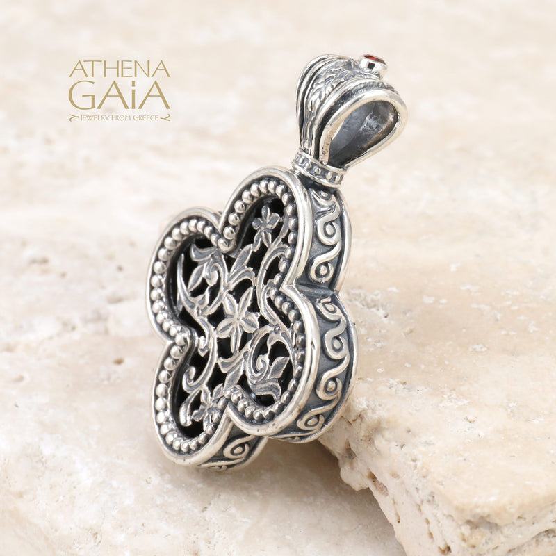 Floral Rounded Greek Cross - Sterling Silver - Orthodox Cross Necklace