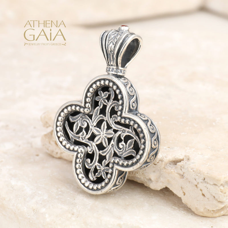 Floral Rounded Greek Cross - Sterling Silver - Orthodox Cross Necklace