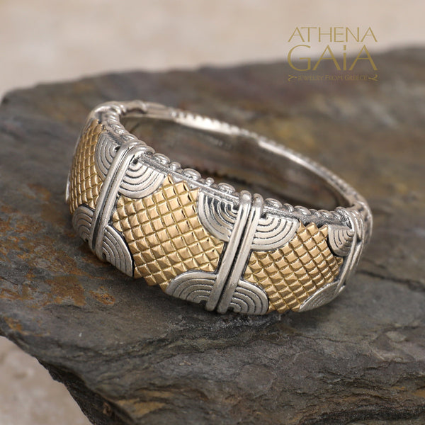 Alexander Woven Crest Ring - 18k Gold & Sterling Silver Ring - Cigar Band Ring