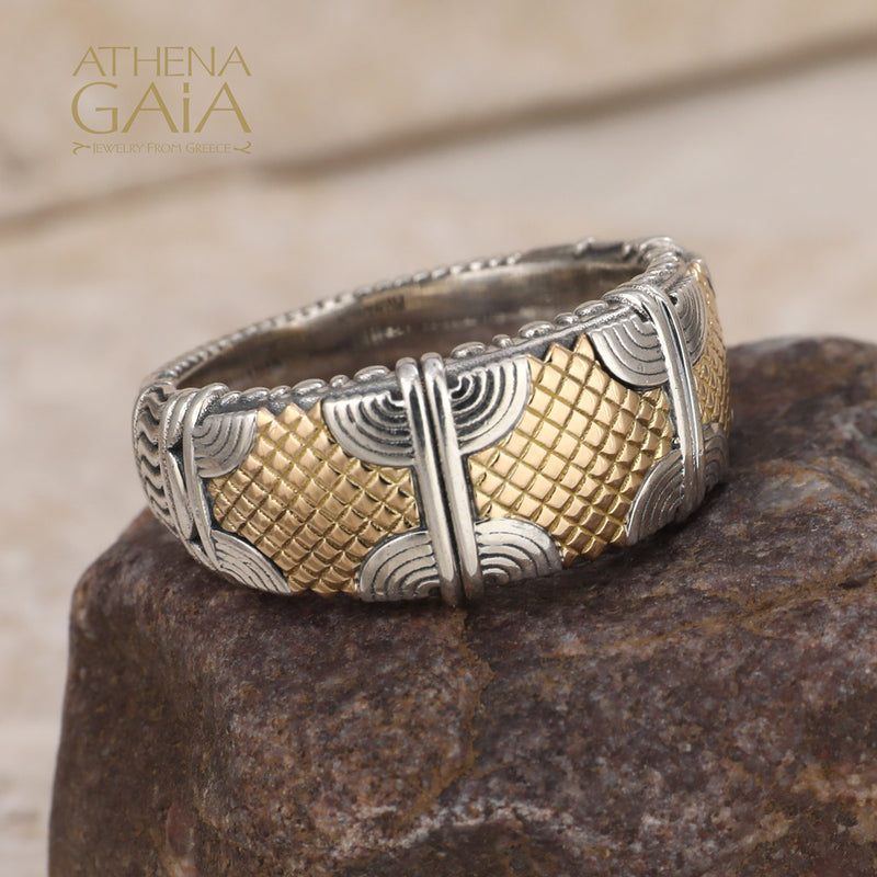 Alexander Woven Crest Ring - 18k Gold & Sterling Silver Ring - Cigar Band Ring