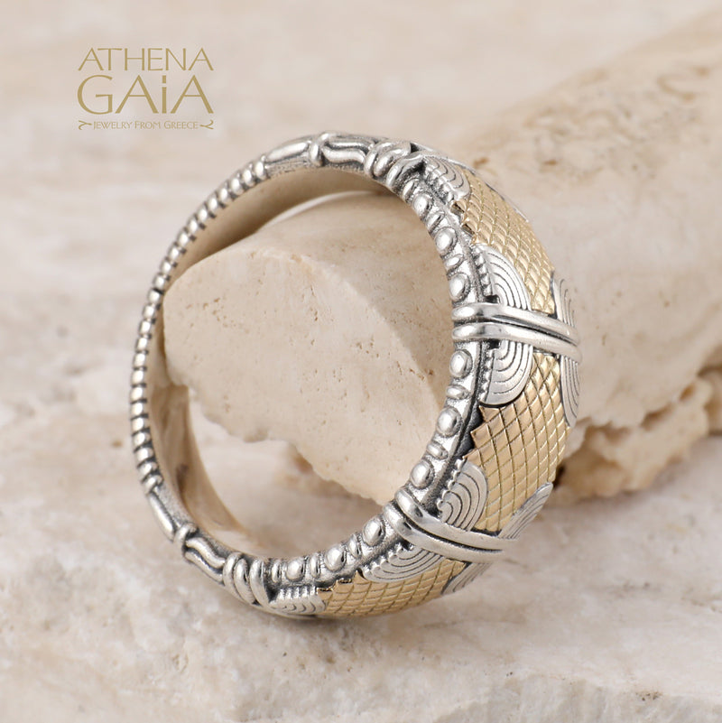 Alexander Woven Crest Ring - 18k Gold & Sterling Silver Ring - Cigar Band Ring