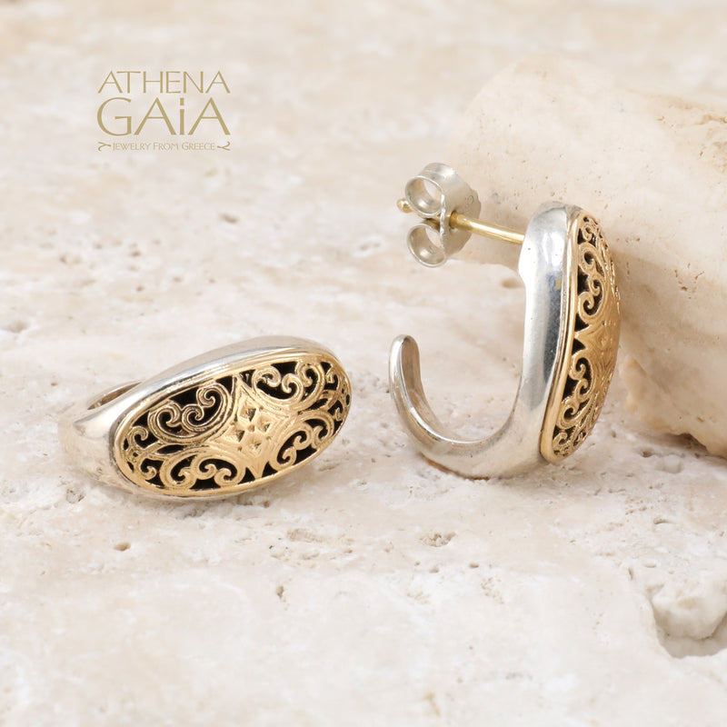 Mediterranean Filigree Half Hoop Post Earrings - 18k Gold & Sterling Silver - Hoop Earrings (In-Stock)