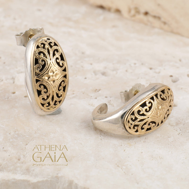 Mediterranean Filigree Half Hoop Post Earrings - 18k Gold & Sterling Silver - Hoop Earrings (In-Stock)