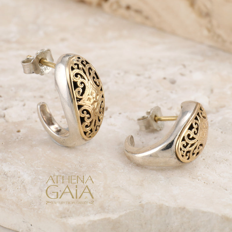 Mediterranean Filigree Half Hoop Post Earrings - 18k Gold & Sterling Silver - Hoop Earrings (In-Stock)
