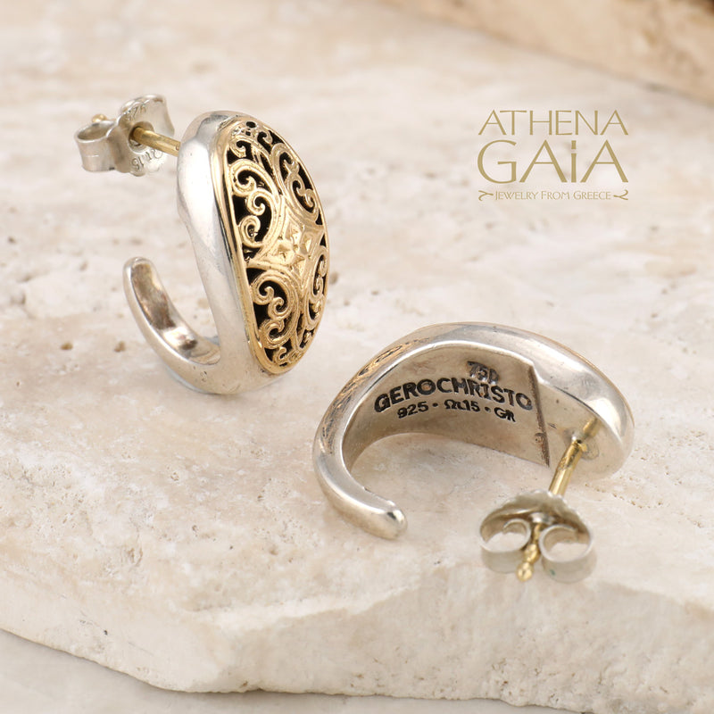 Mediterranean Filigree Half Hoop Post Earrings - 18k Gold & Sterling Silver - Hoop Earrings (In-Stock)
