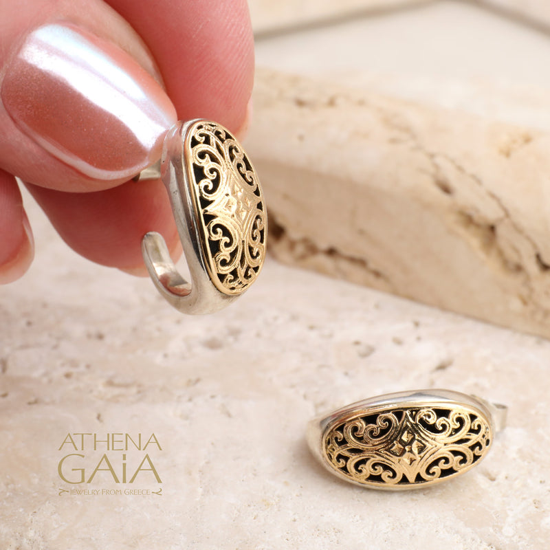 Mediterranean Filigree Half Hoop Post Earrings - 18k Gold & Sterling Silver - Hoop Earrings (In-Stock)