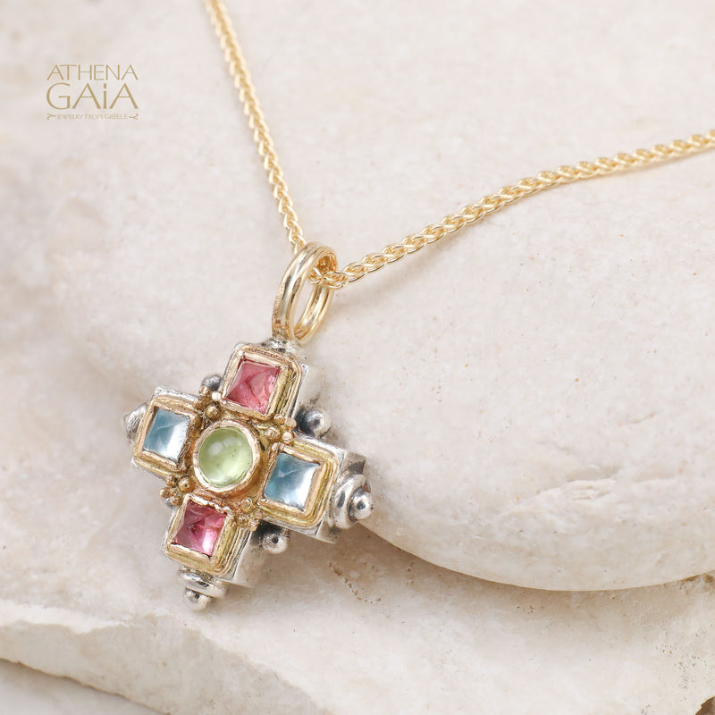 Aegean Stone Cross - 18k Gold & Sterling Silver - Greek Cross Necklace