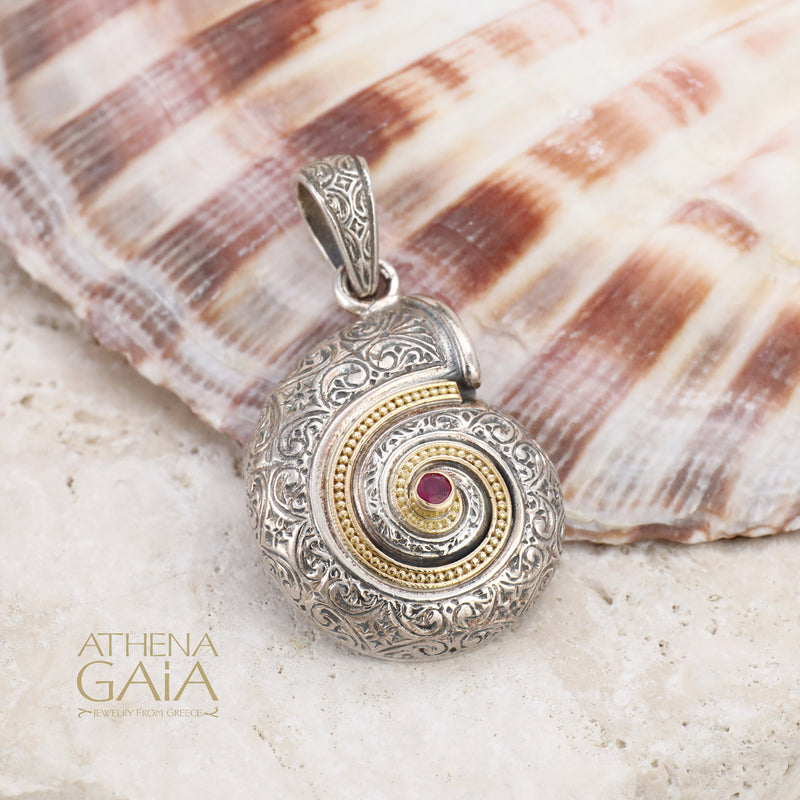 Thalassa Sea Snail with Stone Pendant - 18k Gold & Sterling Silver Pendant