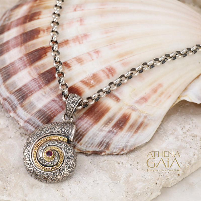 Thalassa Sea Snail with Stone Pendant - 18k Gold & Sterling Silver Pendant