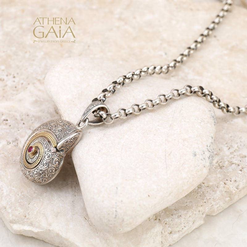Thalassa Sea Snail with Stone Pendant - 18k Gold & Sterling Silver Pendant