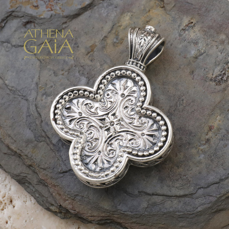 Etched Rounded Greek Cross - Sterling Silver - Orthodox Cross Necklace