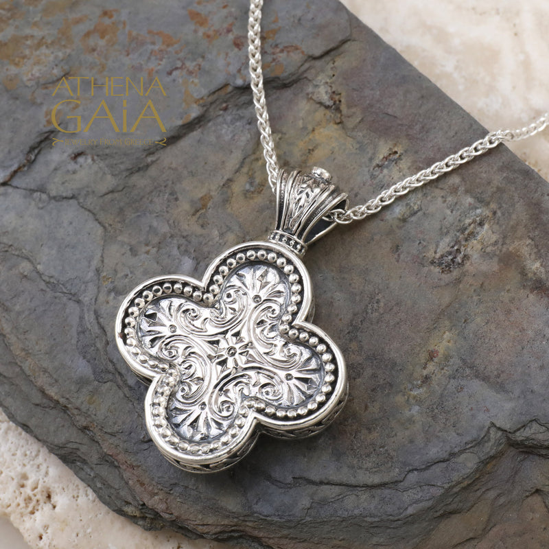 Etched Rounded Greek Cross - Sterling Silver - Orthodox Cross Necklace