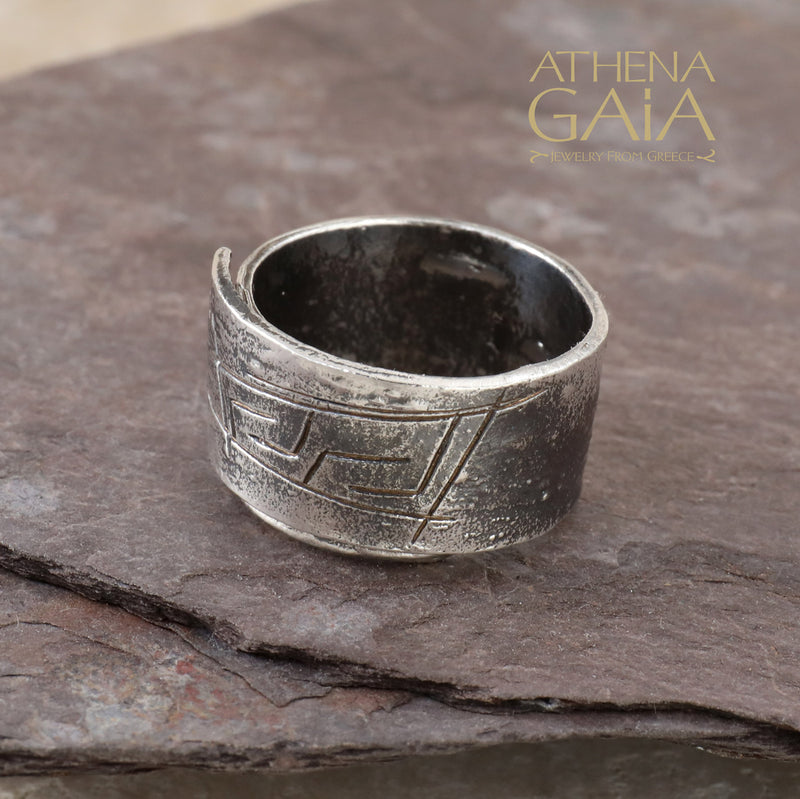 Gently Etched Greek Key Ring - Sterling Silver Ring - Cigar Band Ring
