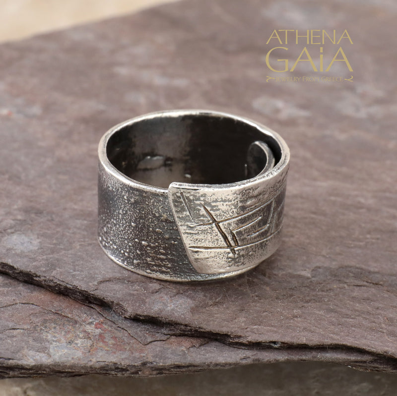 Gently Etched Greek Key Ring - Sterling Silver Ring - Cigar Band Ring