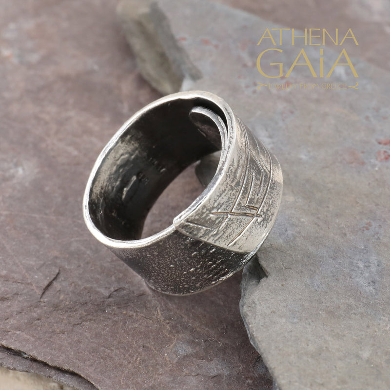 Gently Etched Greek Key Ring - Sterling Silver Ring - Cigar Band Ring