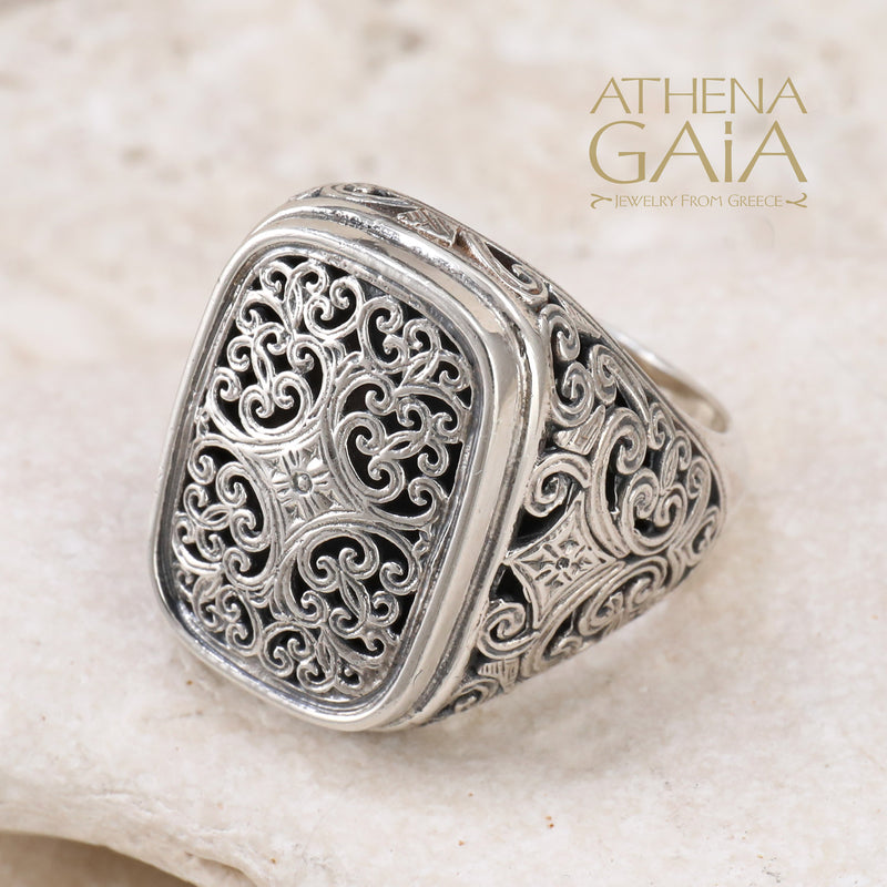Mediterranean Silver Rectangle Cushion Ring - Sterling Silver Ring