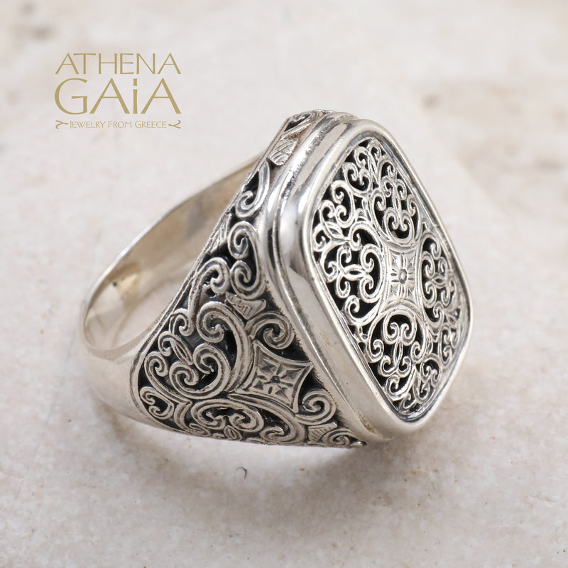 Mediterranean Silver Rectangle Cushion Ring - Sterling Silver Ring