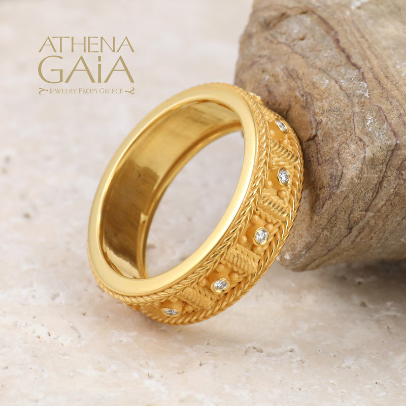 Woven Border Block Ring - 18k Gold - Stackable Ring