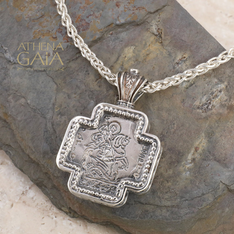 Saint George Greek Cross -  Sterling Silver - Orthodox Cross Necklace