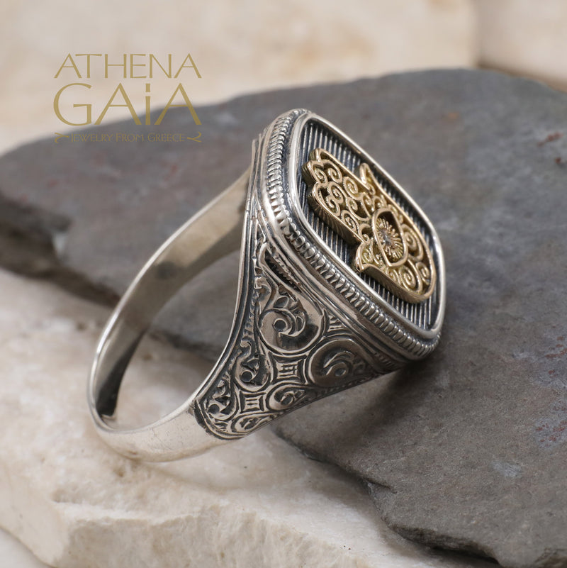 Hamsa Talisman Ring - 18k Gold & Sterling Silver Ring - Signet Ring