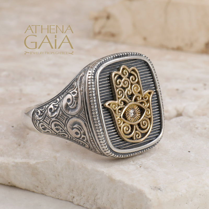 Hamsa Talisman Ring - 18k Gold & Sterling Silver Ring - Signet Ring