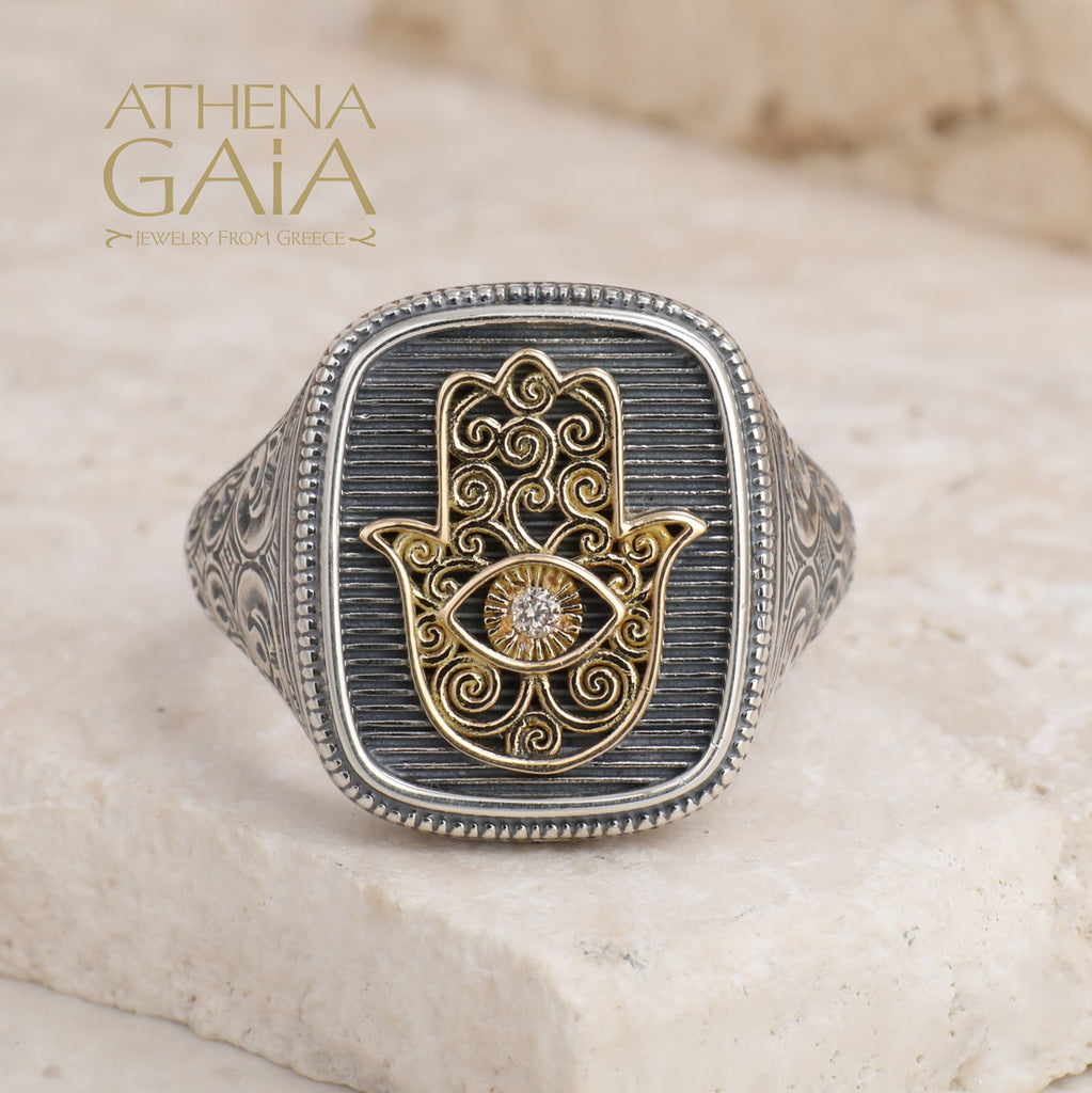 Hamsa Talisman Ring - 18k Gold & Sterling Silver Ring - Signet Ring
