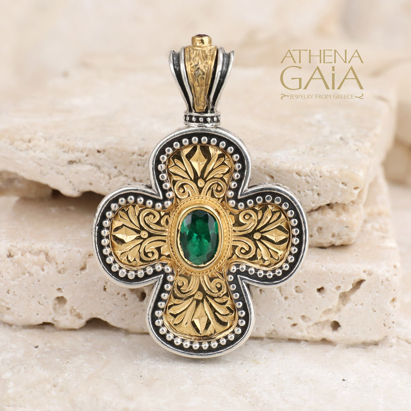Etched Expanding Greek Cross - Gold Plated Sterling Silver with Center Stone - Orthodox Cross Necklace