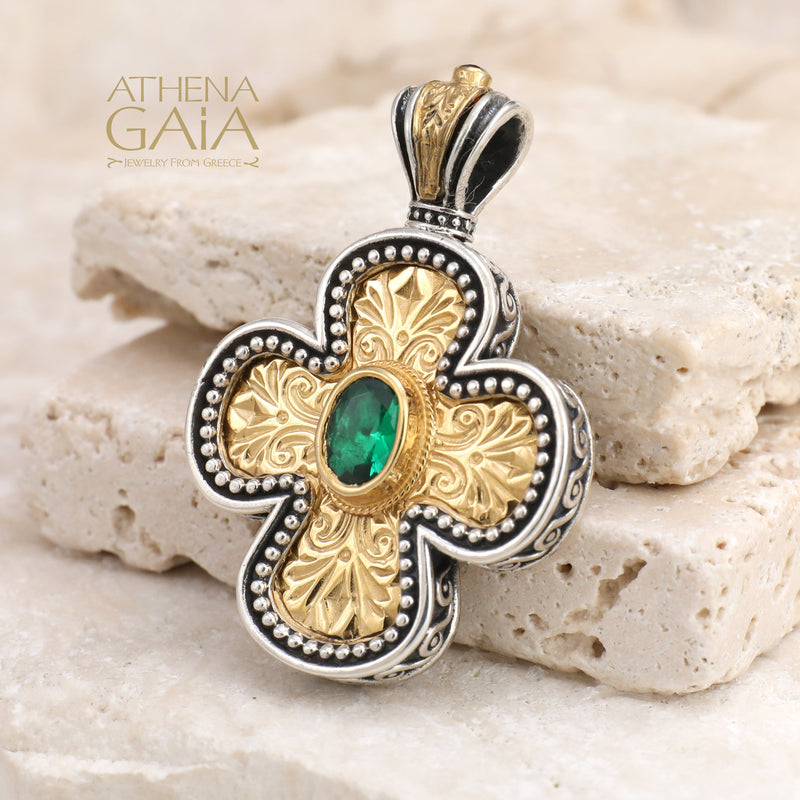 Etched Expanding Greek Cross - Gold Plated Sterling Silver with Center Stone - Orthodox Cross Necklace