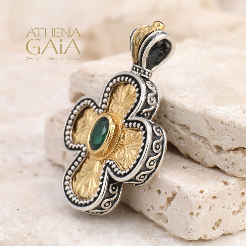 Etched Expanding Greek Cross - Gold Plated Sterling Silver with Center Stone - Orthodox Cross Necklace