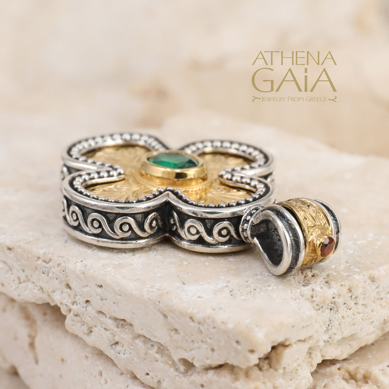 Etched Expanding Greek Cross - Gold Plated Sterling Silver with Center Stone - Orthodox Cross Necklace