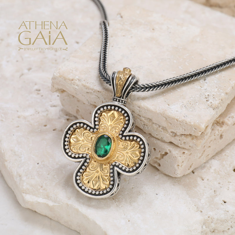 Etched Expanding Greek Cross - Gold Plated Sterling Silver with Center Stone - Orthodox Cross Necklace