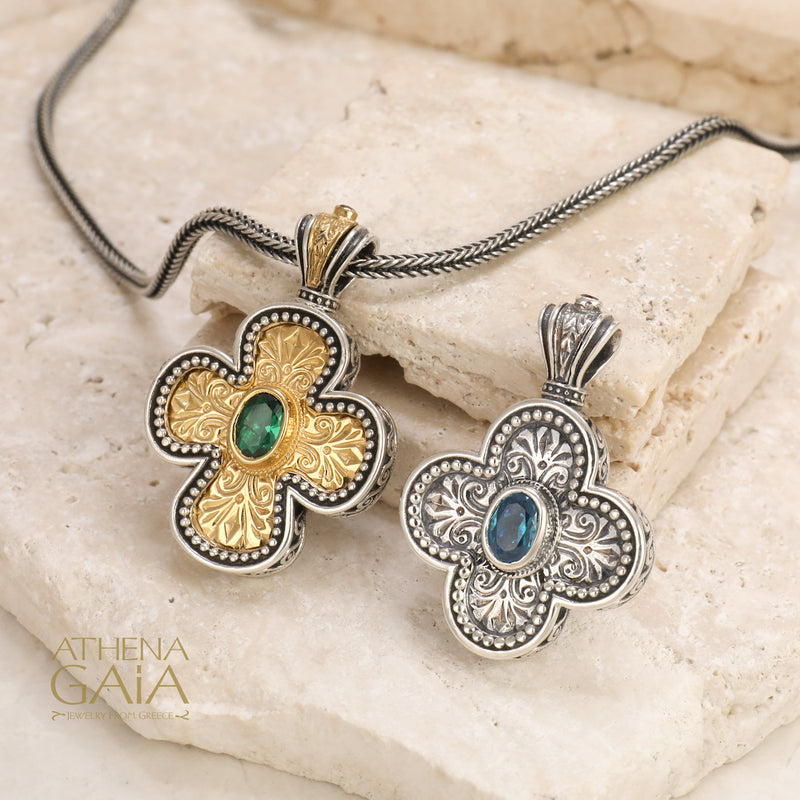 Rounded Greek Cross - Sterling Silver with Center Stone - Orthodox Cross Necklace