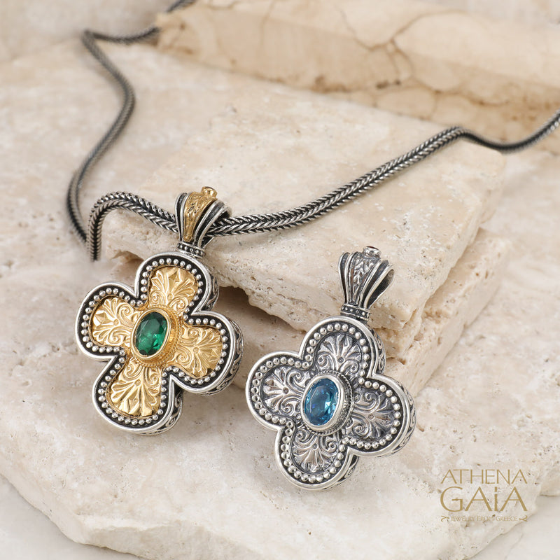 Etched Expanding Greek Cross - Gold Plated Sterling Silver with Center Stone - Orthodox Cross Necklace