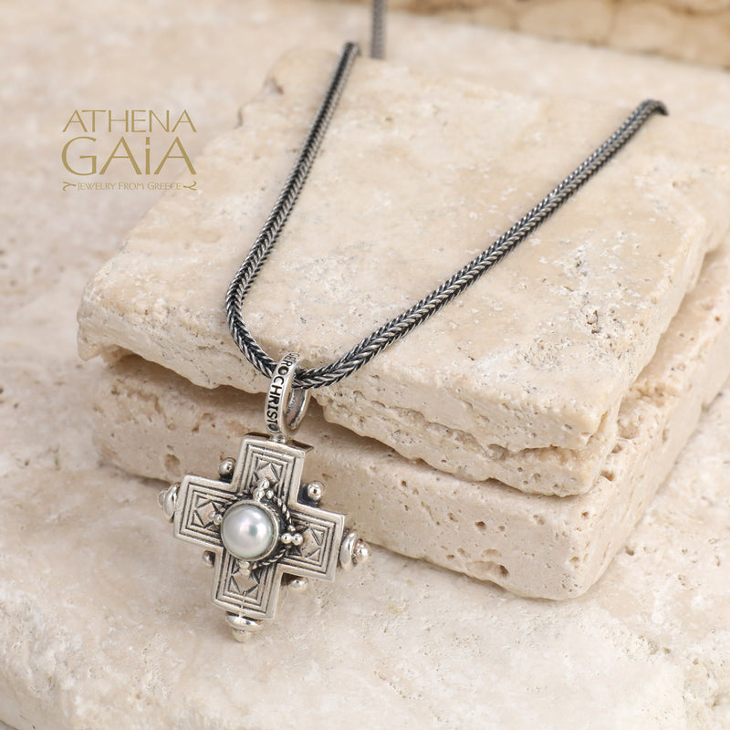 Rustic Silver Stone Cross (Small) - Sterling Silver - Greek Cross Necklace