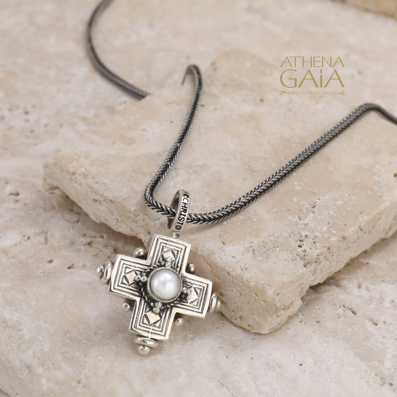 Rustic Silver Stone Cross (Small) - Sterling Silver - Greek Cross Necklace