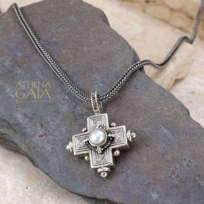Rustic Silver Stone Cross (Small) - Sterling Silver - Greek Cross Necklace
