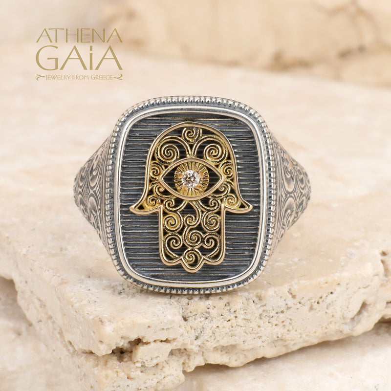 Hamsa Talisman Ring - 18k Gold & Sterling Silver Ring - Signet Ring