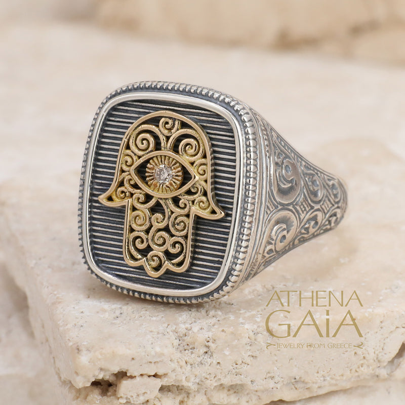 Hamsa Talisman Ring - 18k Gold & Sterling Silver Ring - Signet Ring