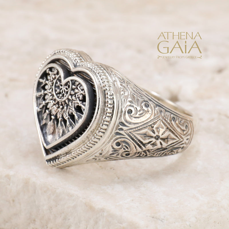 Heart Dream Catcher Talisman Ring - Sterling Silver - Signet Ring