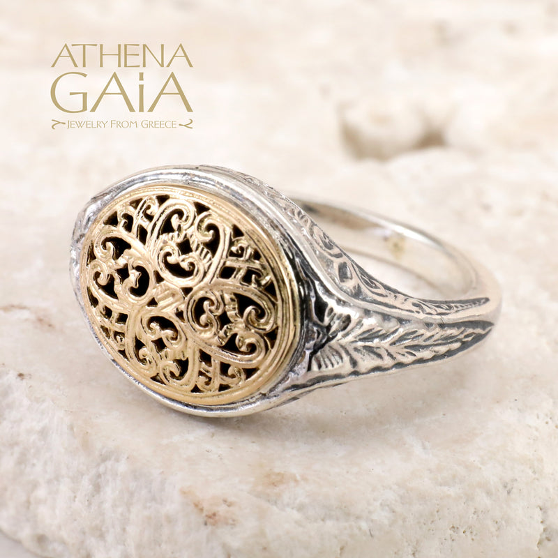 Mediterranean Oval Pinky Ring - 18k Gold & Sterling Silver Ring - Club Ring
