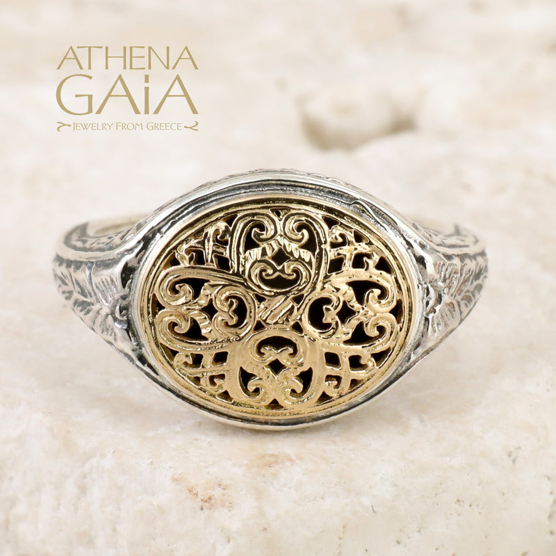 Mediterranean Oval Pinky Ring - 18k Gold & Sterling Silver Ring - Club Ring