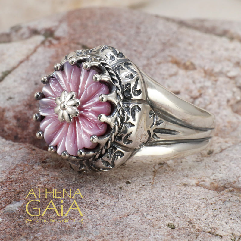 Mother of Pearl Flower Ring - Sterling Silver Ring - Cocktail Ring