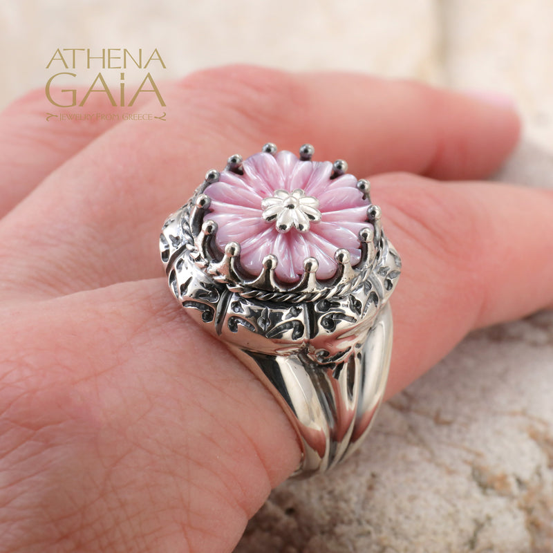 Mother of Pearl Flower Ring - Sterling Silver Ring - Cocktail Ring